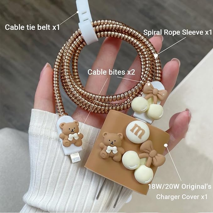 Luxury Teddy Charger Cover Set – Earth-Tone Cable Protector