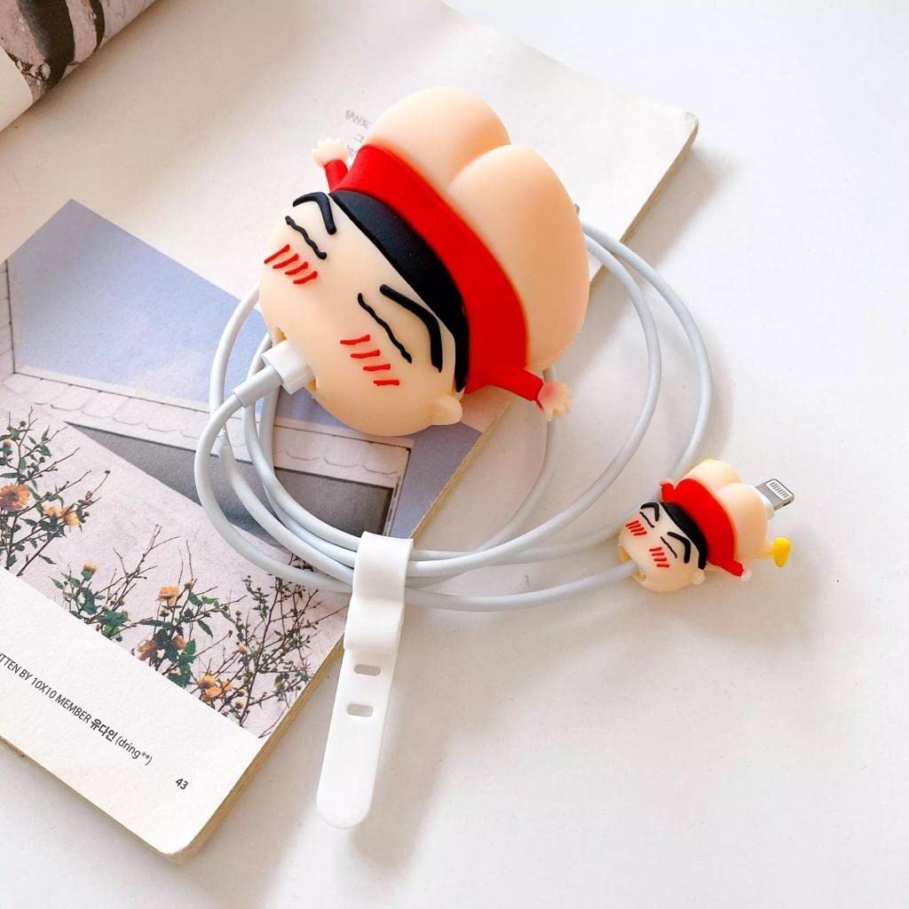 Crayon Shinchan Funny 3D Silicone Charger Protector Set for iPhone 18W/20W - Protective Adapter Case & Lightning Cable Cord Saver - VYRO
