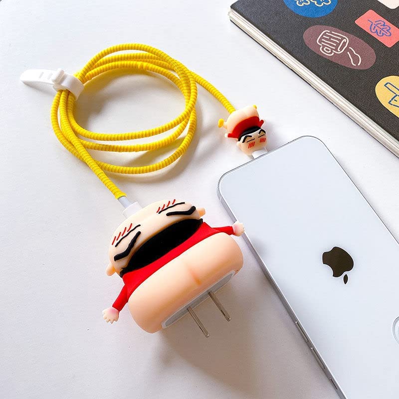 Crayon Shinchan Funny 3D Silicone Charger Protector Set for iPhone 18W/20W - Protective Adapter Case & Lightning Cable Cord Saver - VYRO