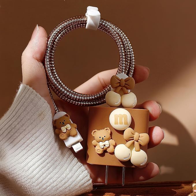 Luxury Teddy Charger Cover Set – Earth-Tone Cable Protector