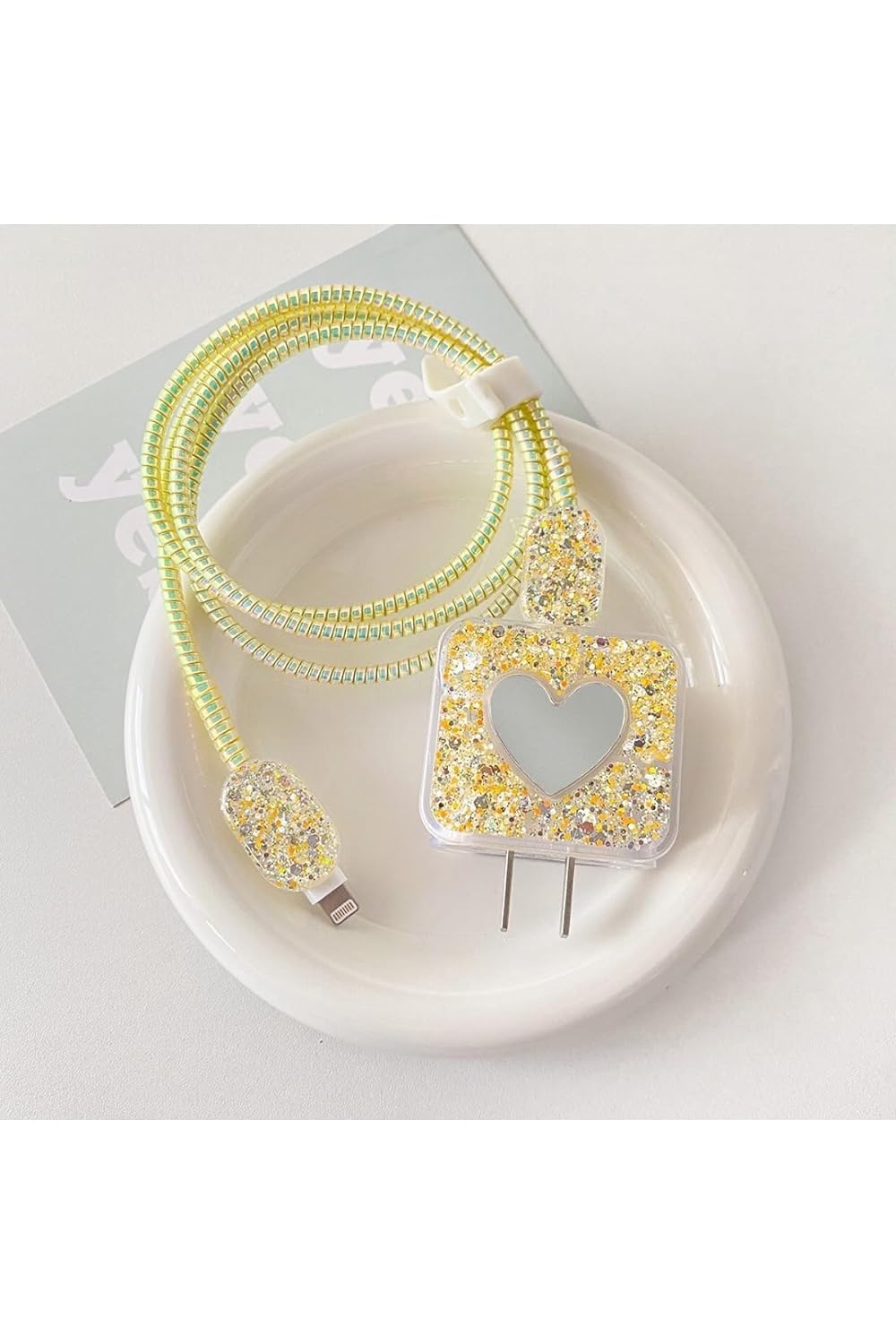 Yellow Shimmer Heart Charger Case Cover with Spiral Cord Protector