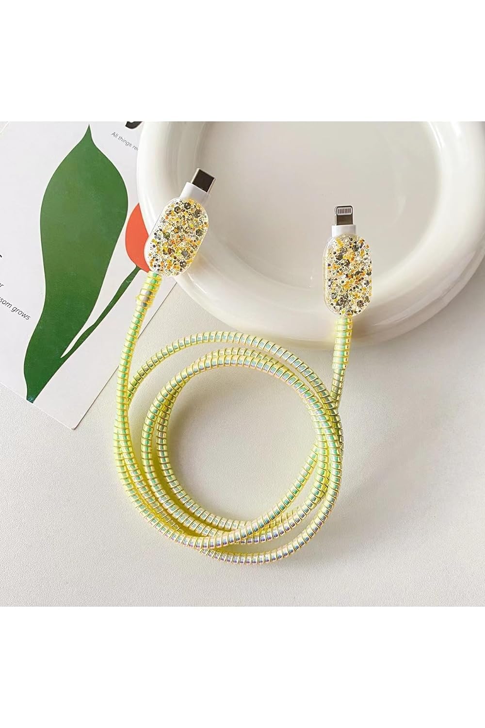Yellow Shimmer Heart Charger Case Cover with Spiral Cord Protector