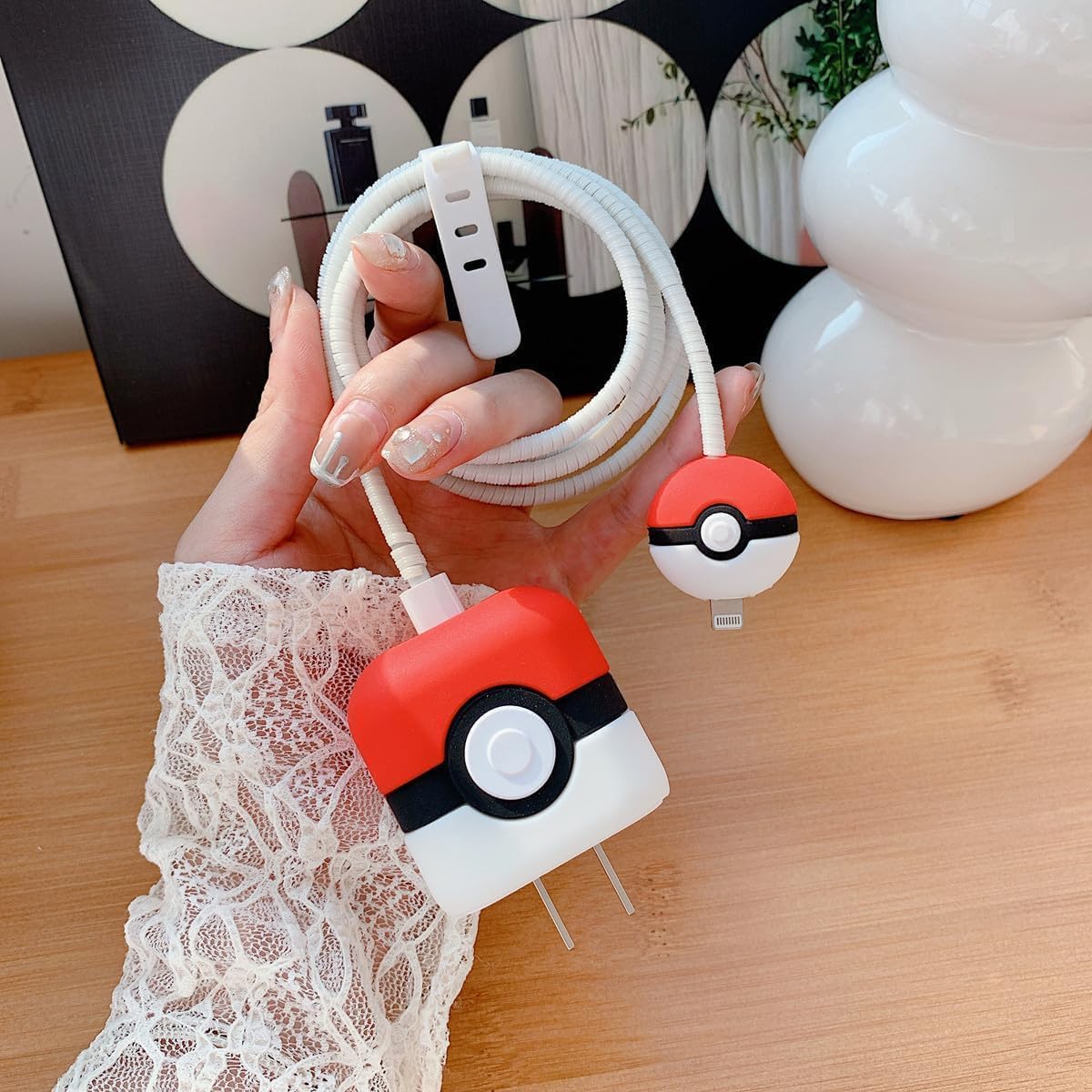 Pokemon Ball Charger Cover with Spiral Cable Protector – Silicone Cable Saver