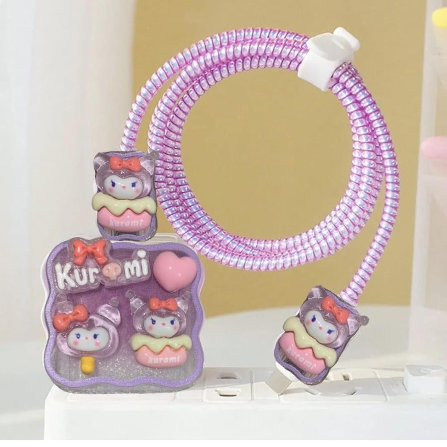 Cute 3D Purple Kuromi Silicone Charger Case & Cable Protector Set