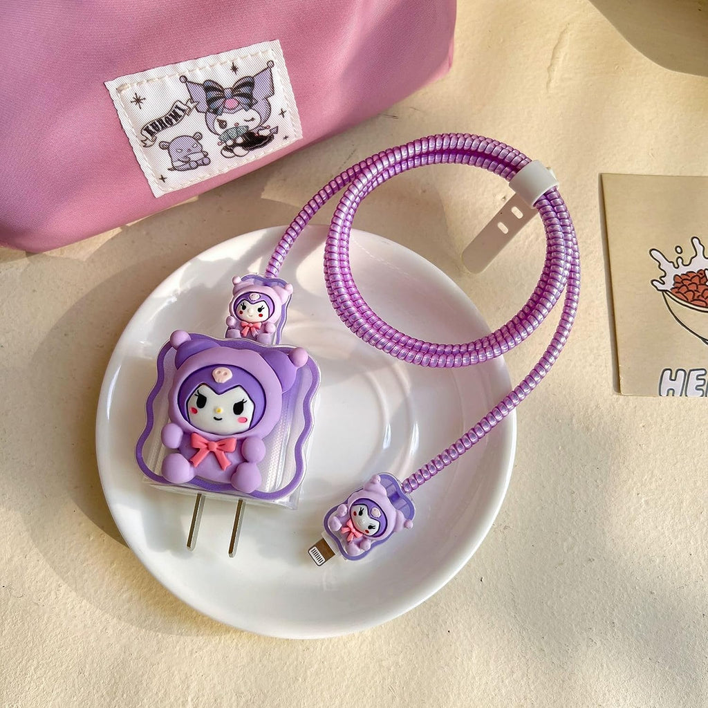 Cute 3D Purple Silicone Charger Case & Cable Protector Set