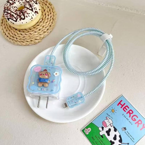 3D Cartoon bear Charger Cover Set with Spiral Wire Protector