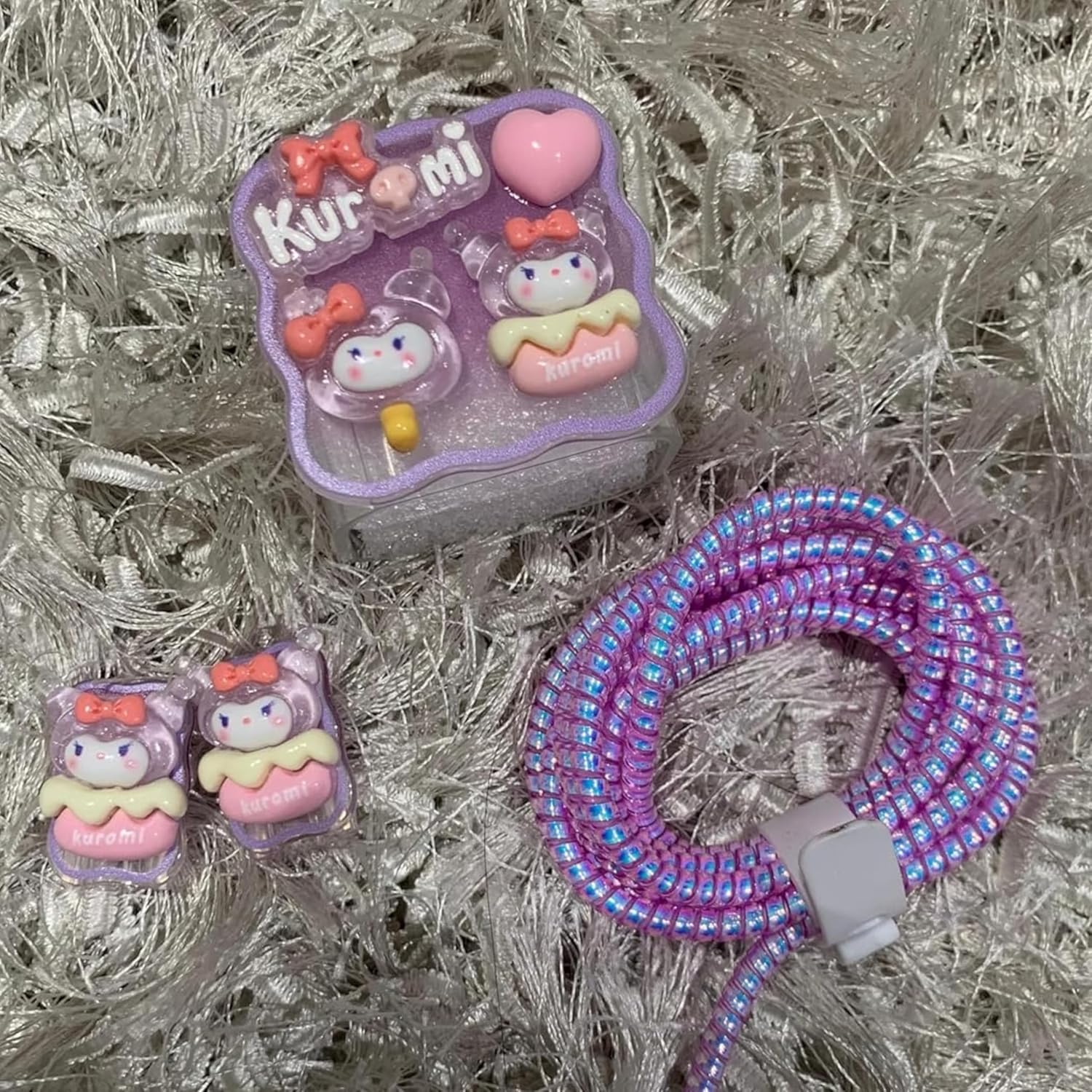 Cute 3D Purple Kuromi Silicone Charger Case & Cable Protector Set