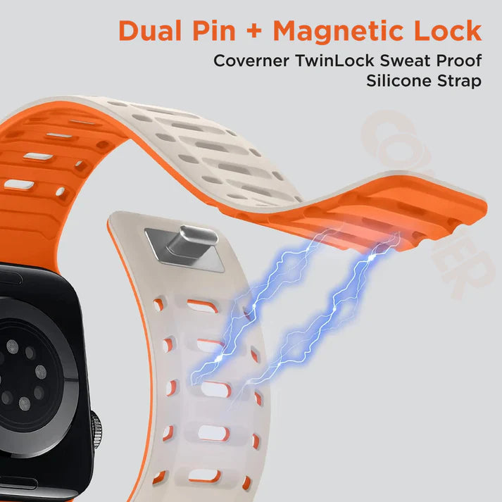 TwinLock Band for Apple Watch [42/44/45/49mm] – Dual Pin + Magnetic Lock | Arthritis-Friendly, Sweatproof Silicone Strap