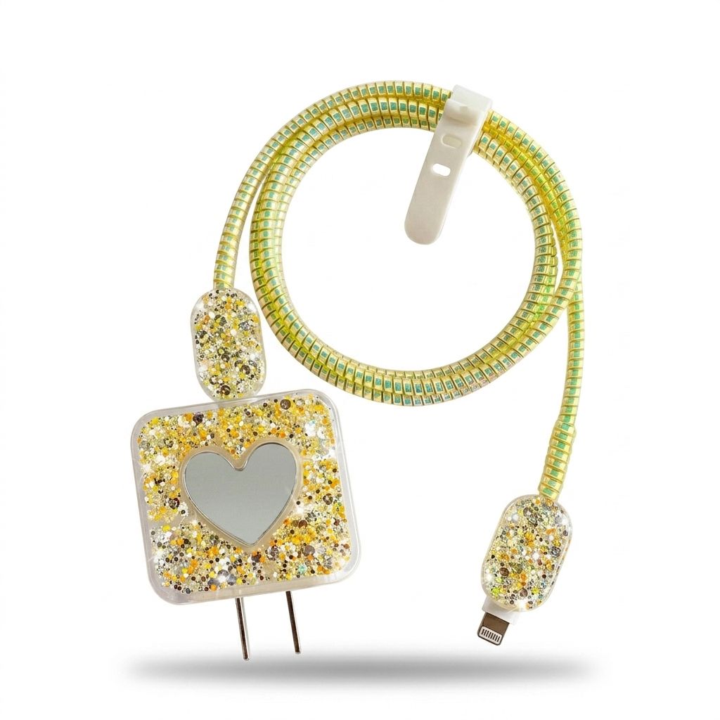Yellow Shimmer Heart Charger Case Cover with Spiral Cord Protector