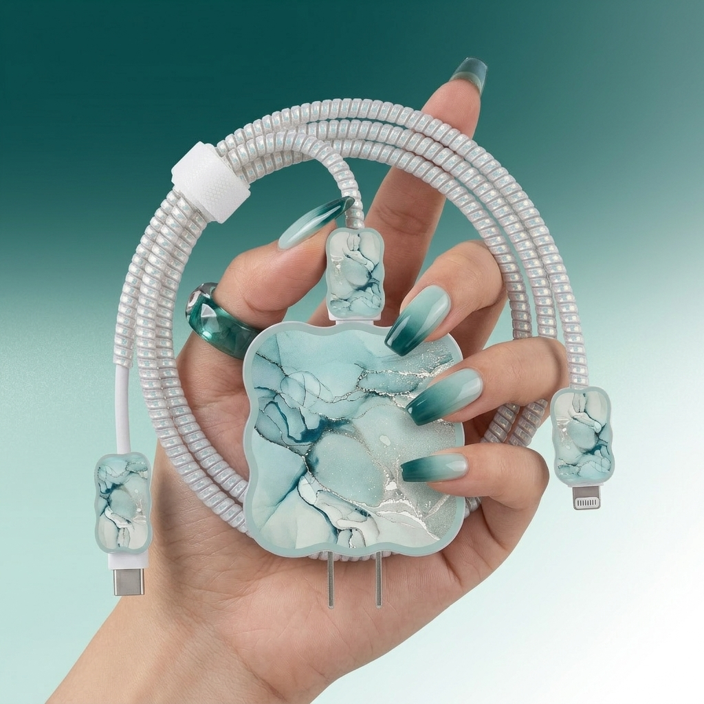 Luxury Marble Aesthetic Charger Cover with Cable Protector