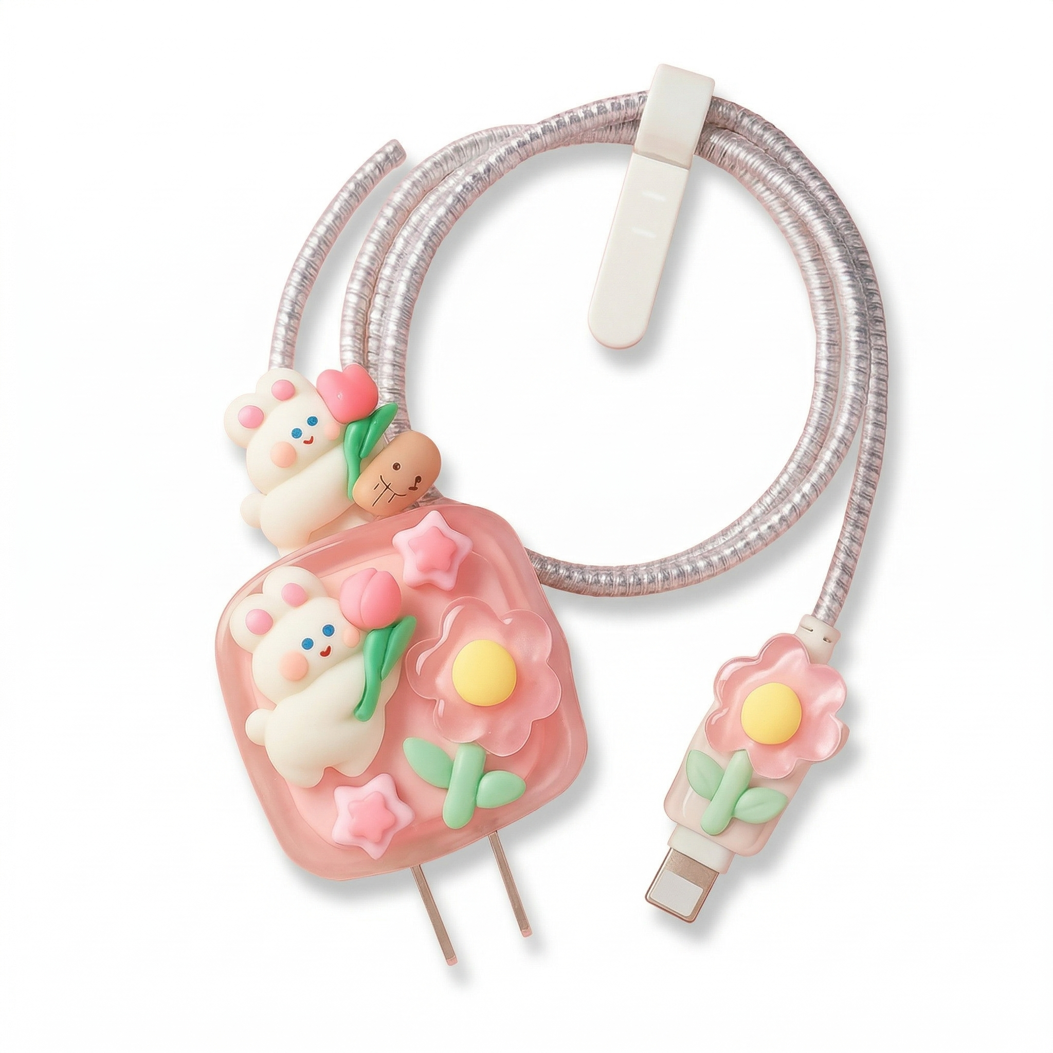 Cute White Rabbit & Pink Flower 3D Silicone Charger Protector Set