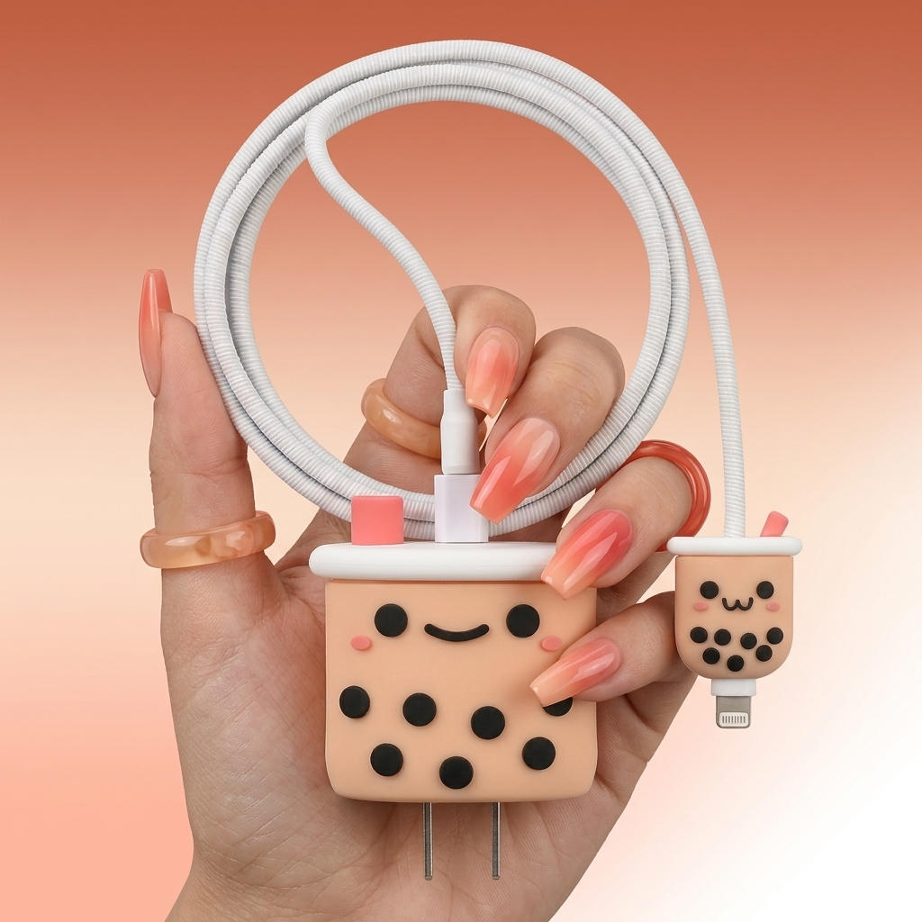 Cute Bubble Tea Charger Cover with Cable Protector – Kawaii Milk Tea Charging Set