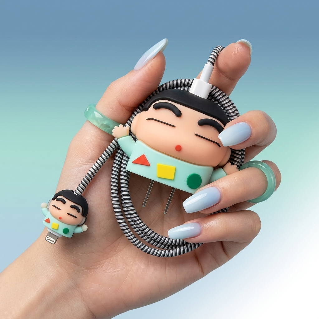 Shin-chan Cartoon Charger Case and Coiled Cable Protector Set
