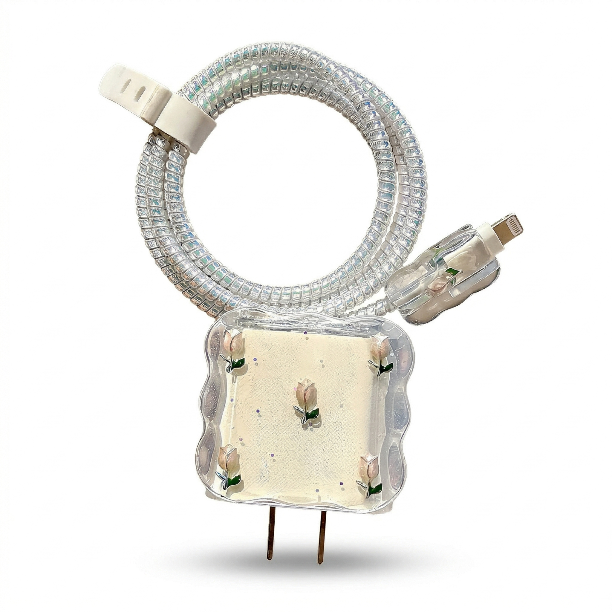 Aesthetic Floral Transparent Charger Cover with Cable Protector