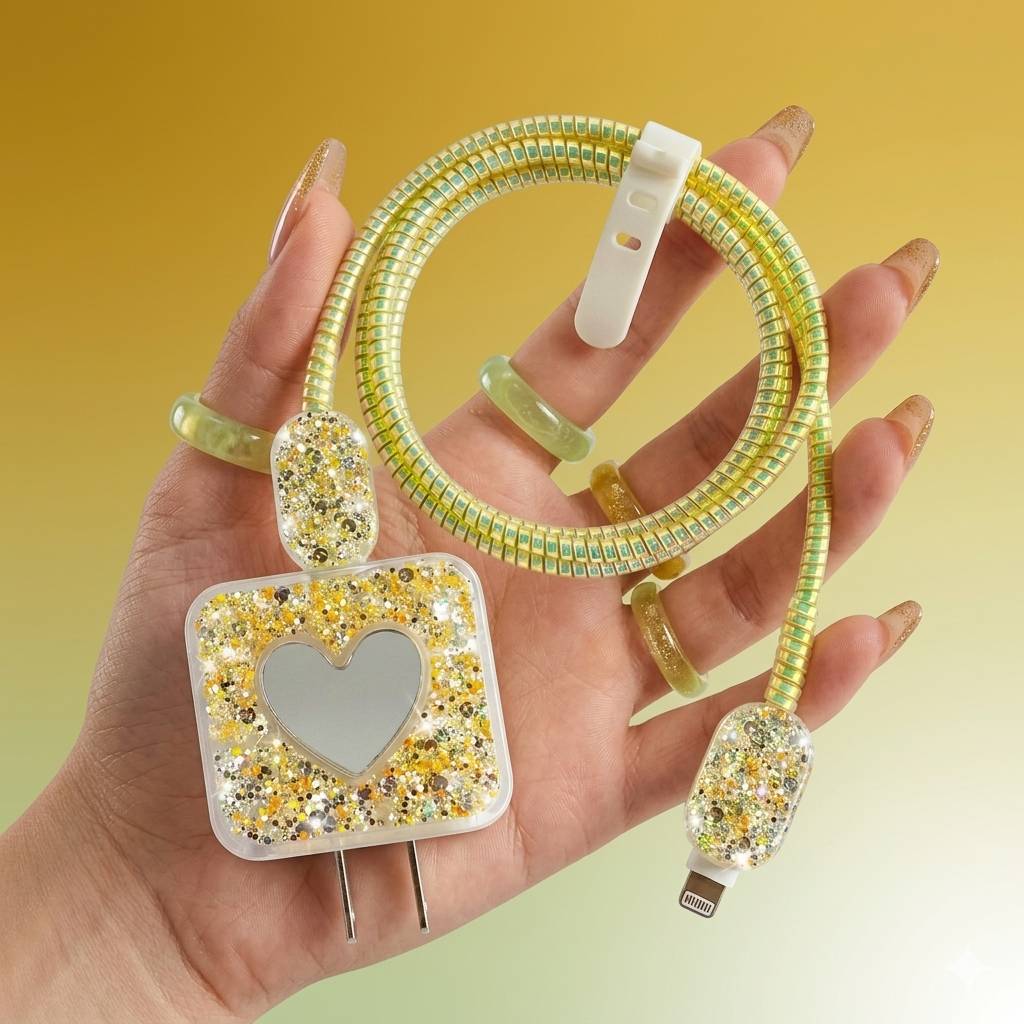 Yellow Shimmer Heart Charger Case Cover with Spiral Cord Protector