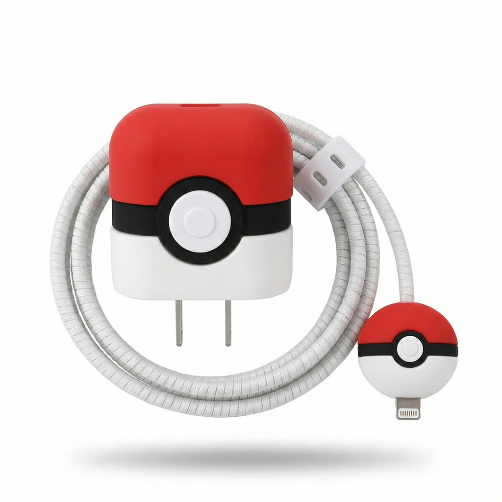 Pokemon Ball Charger Cover with Spiral Cable Protector – Silicone Cable Saver