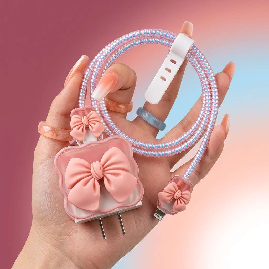 Bow Cartoon Charger Protective Case & Spiral Cable Saver
