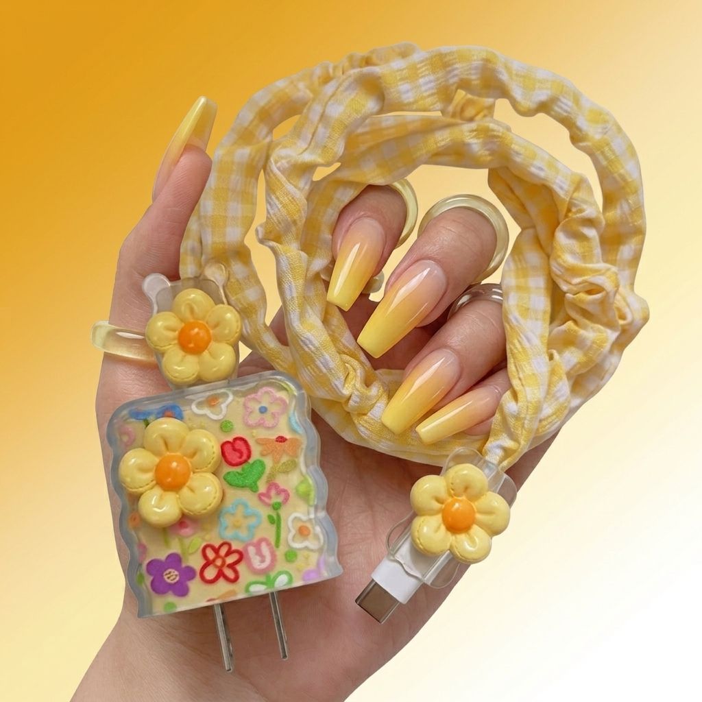Floral Sunflower Charger Case with Spiral Cable Protector