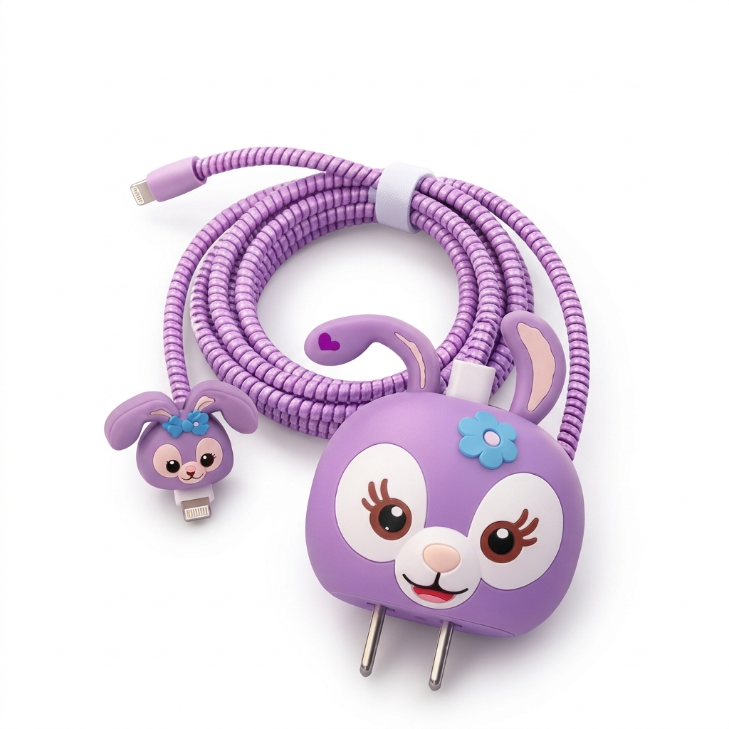 Cute Purple Bunny Charger Cover with Cable Protector