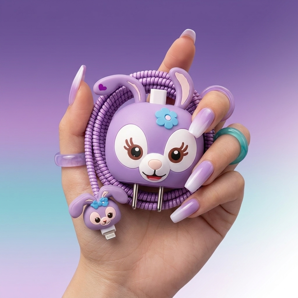 Cute Purple Bunny Charger Cover with Cable Protector