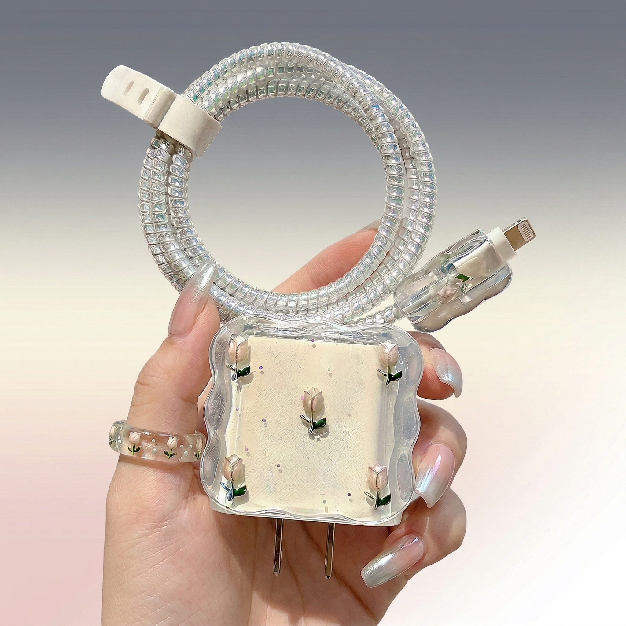 Aesthetic Floral Transparent Charger Cover with Cable Protector