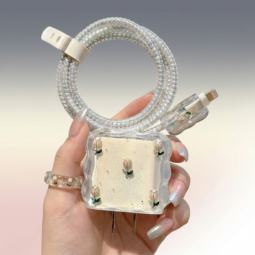 Aesthetic Floral Transparent Charger Cover with Cable Protector