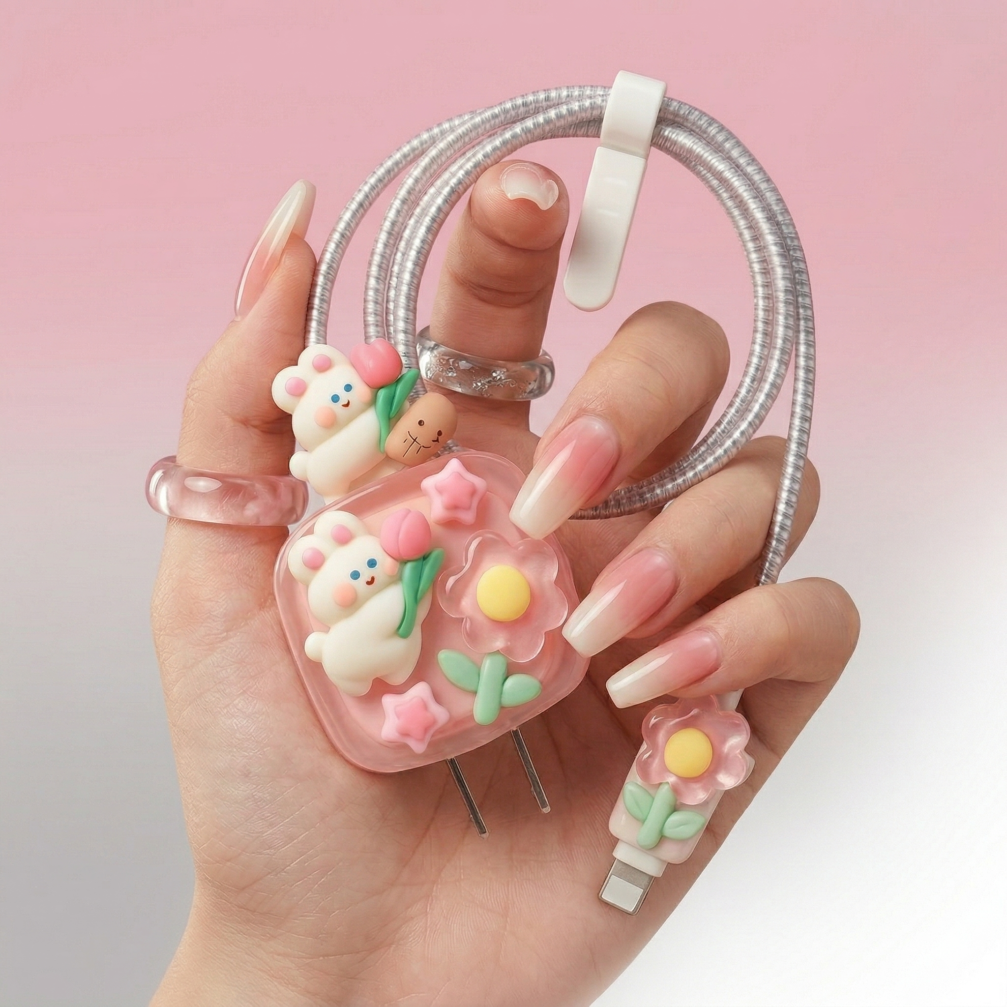 Cute White Rabbit & Pink Flower 3D Silicone Charger Protector Set