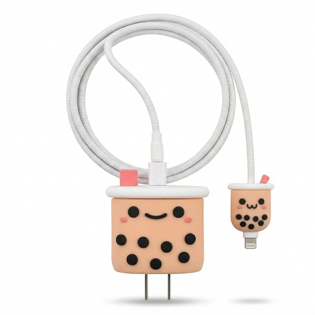 Cute Bubble Tea Charger Cover with Cable Protector – Kawaii Milk Tea Charging Set