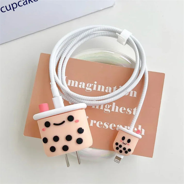 Cute Bubble Tea Charger Cover with Cable Protector – Kawaii Milk Tea Charging Set